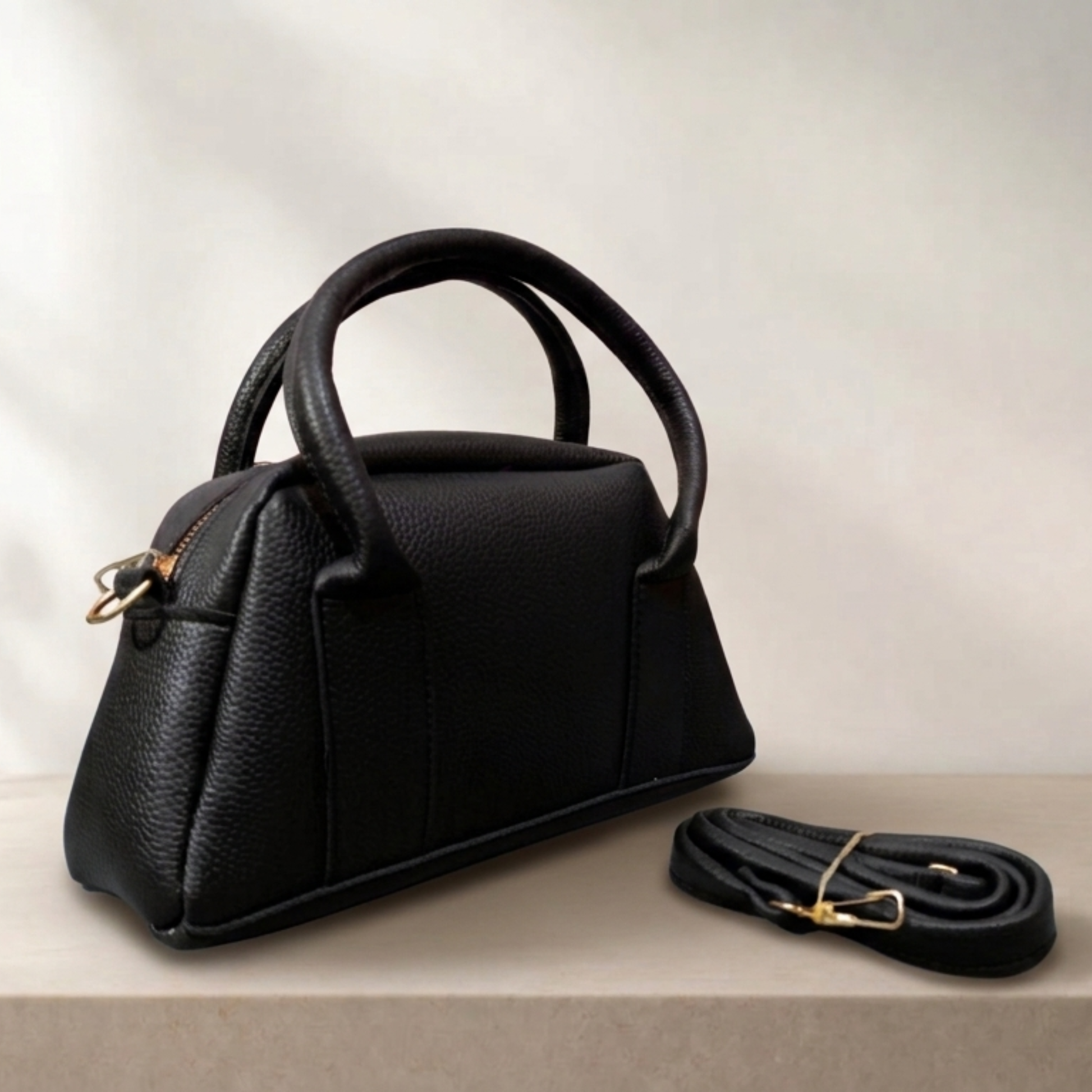 Black handbag with matching strap on a light background