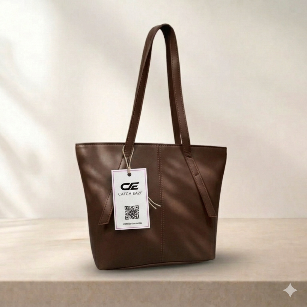 Brown tote bag with a visible brand tag on a neutral background