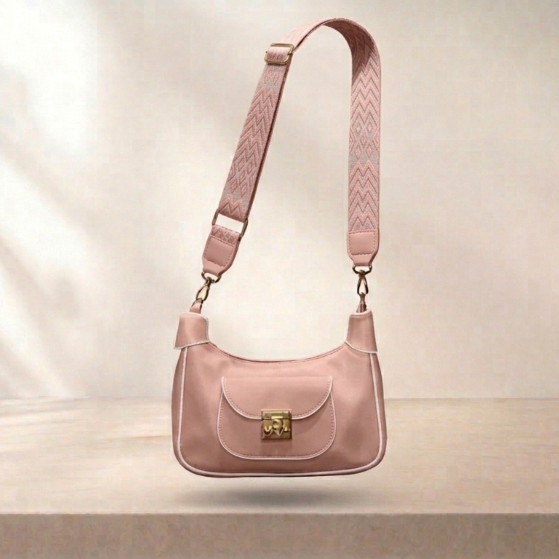 Pink handbag with a gold clasp on a light beige background