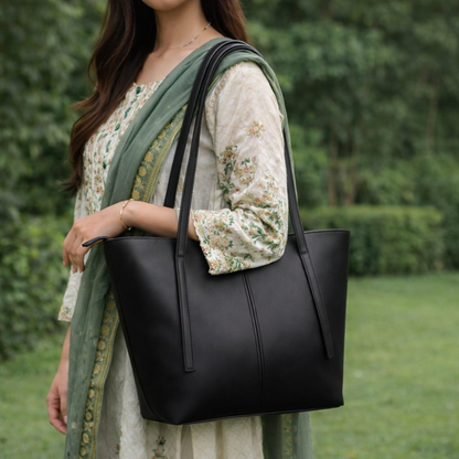 Woman holding a black leather tote bag outdoors with greenery in the background