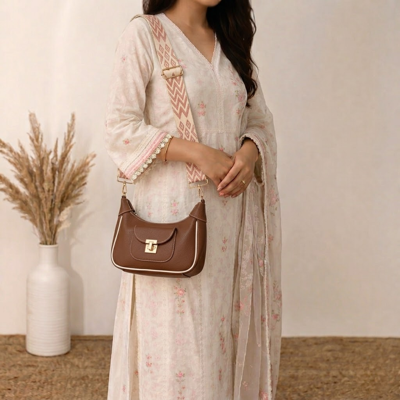 Woman holding a brown handbag wearing a light-colored traditional outfit with a neutral background