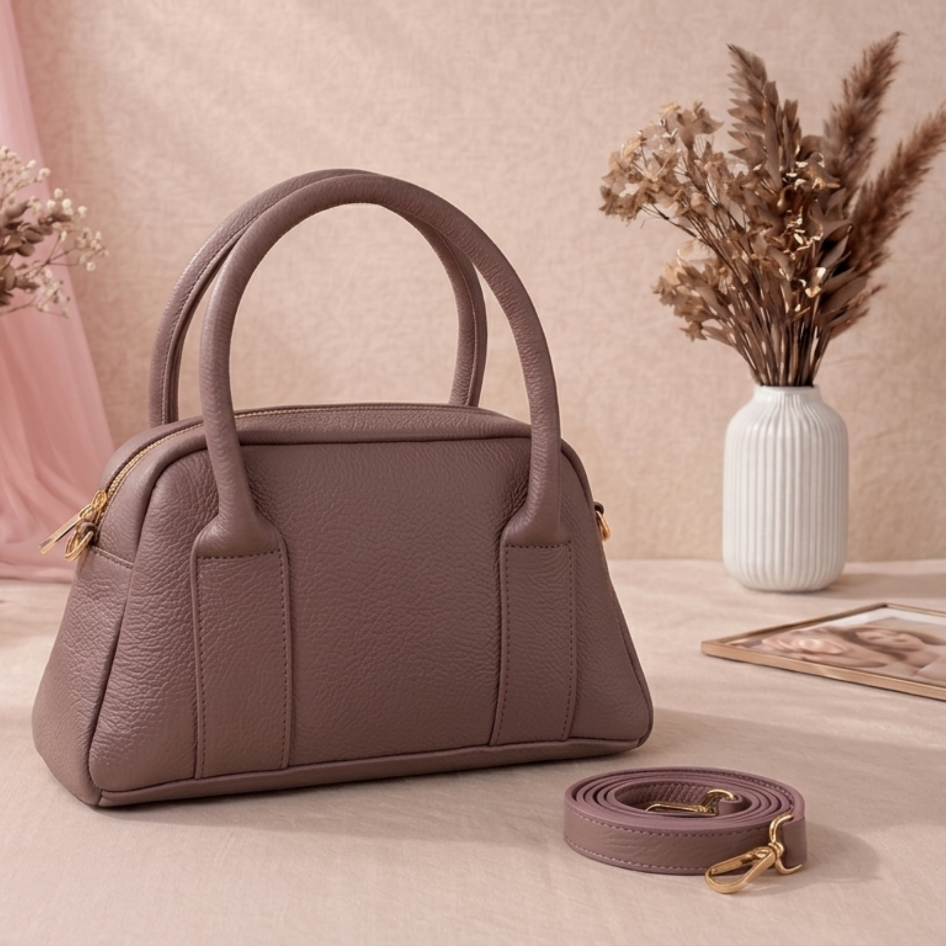 Purple handbag with matching strap on a light wooden surface with decorative elements.
