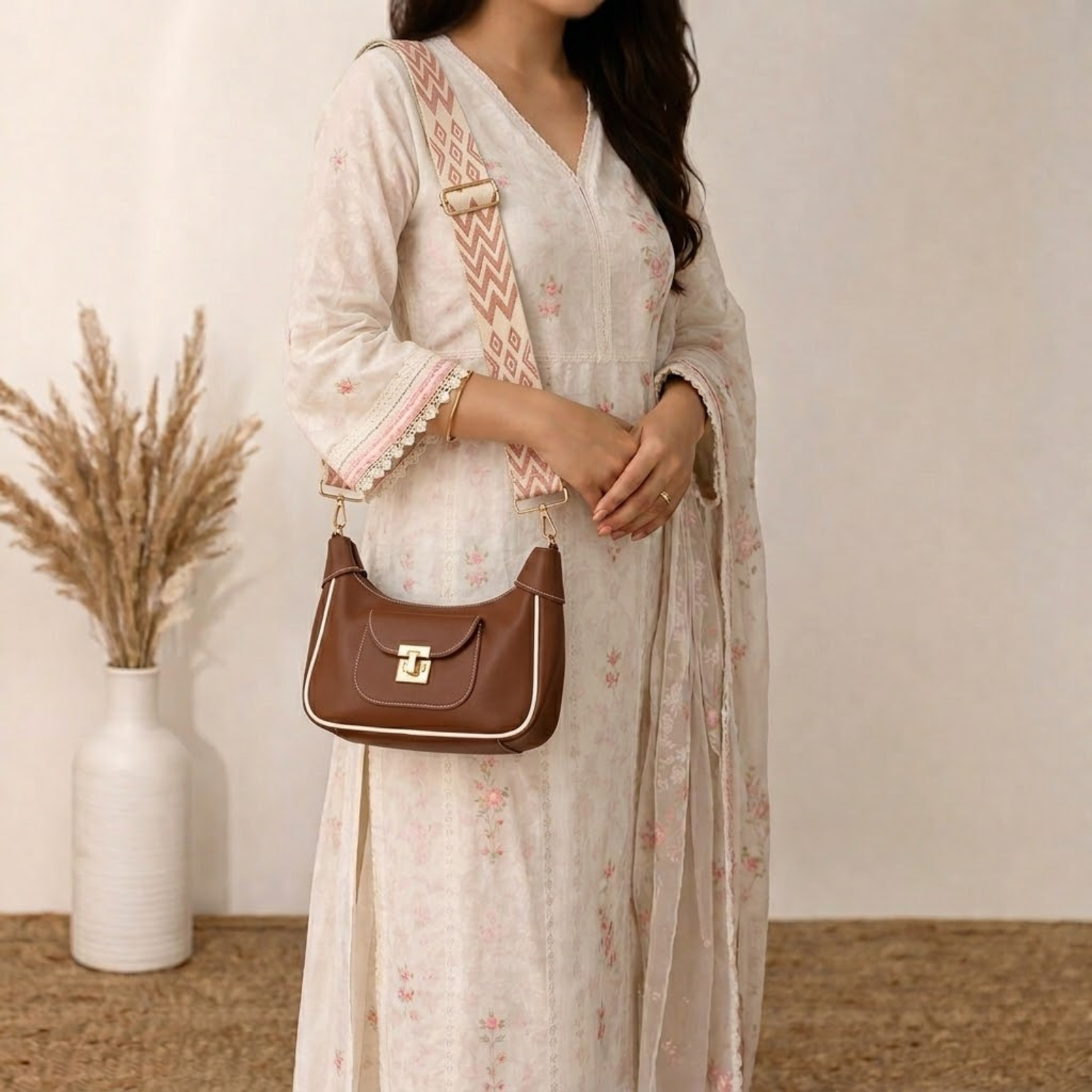 Woman holding a brown handbag wearing a light-colored traditional outfit with a subtle pattern.